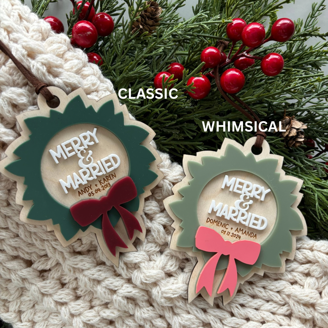 Merry + Married Christmas Wreath Ornament