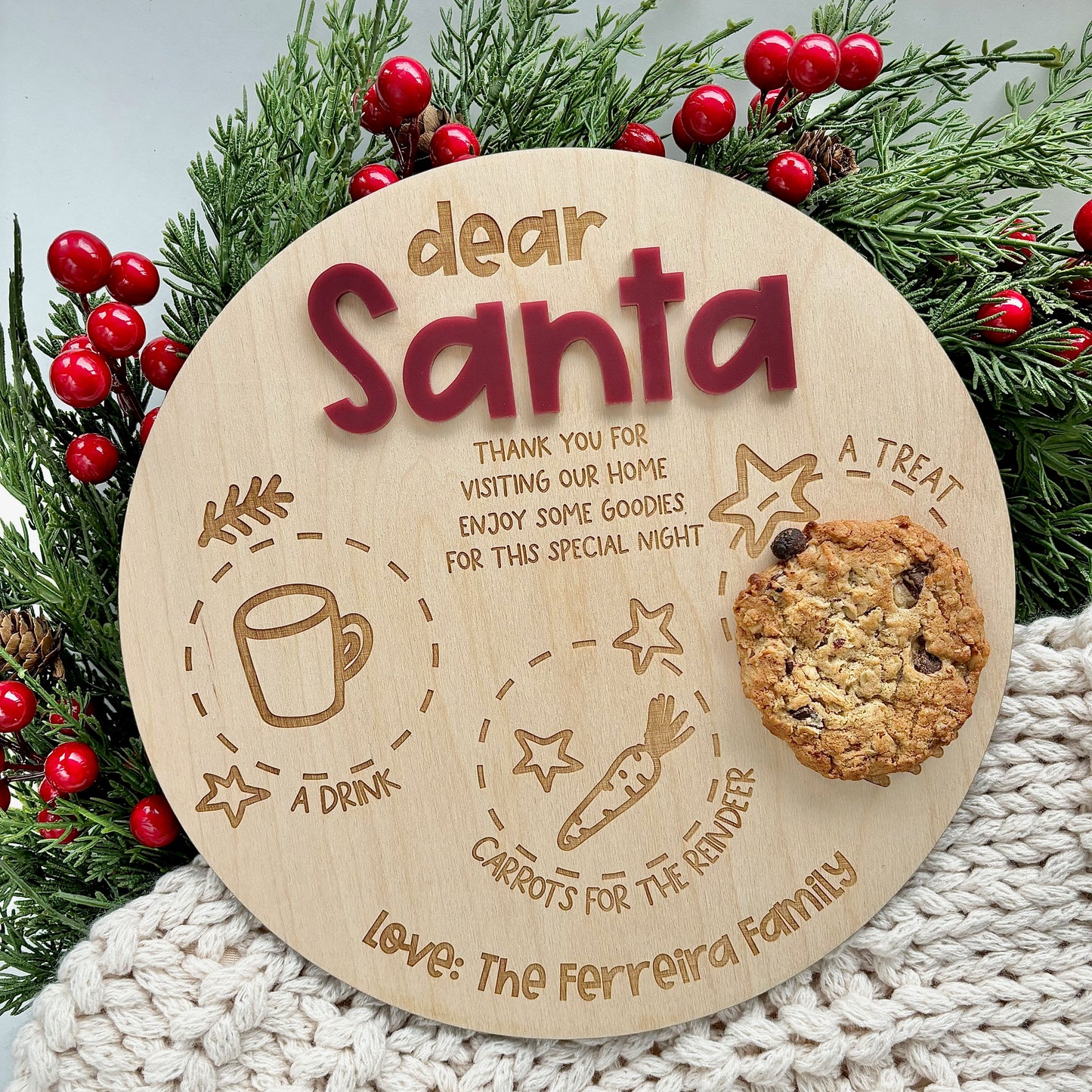 Round Personalized Wood +Acrylic Santa Milk & Cookie Tray