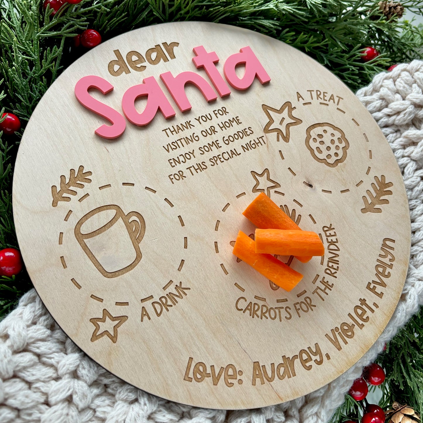 Round Personalized Wood +Acrylic Santa Milk & Cookie Tray