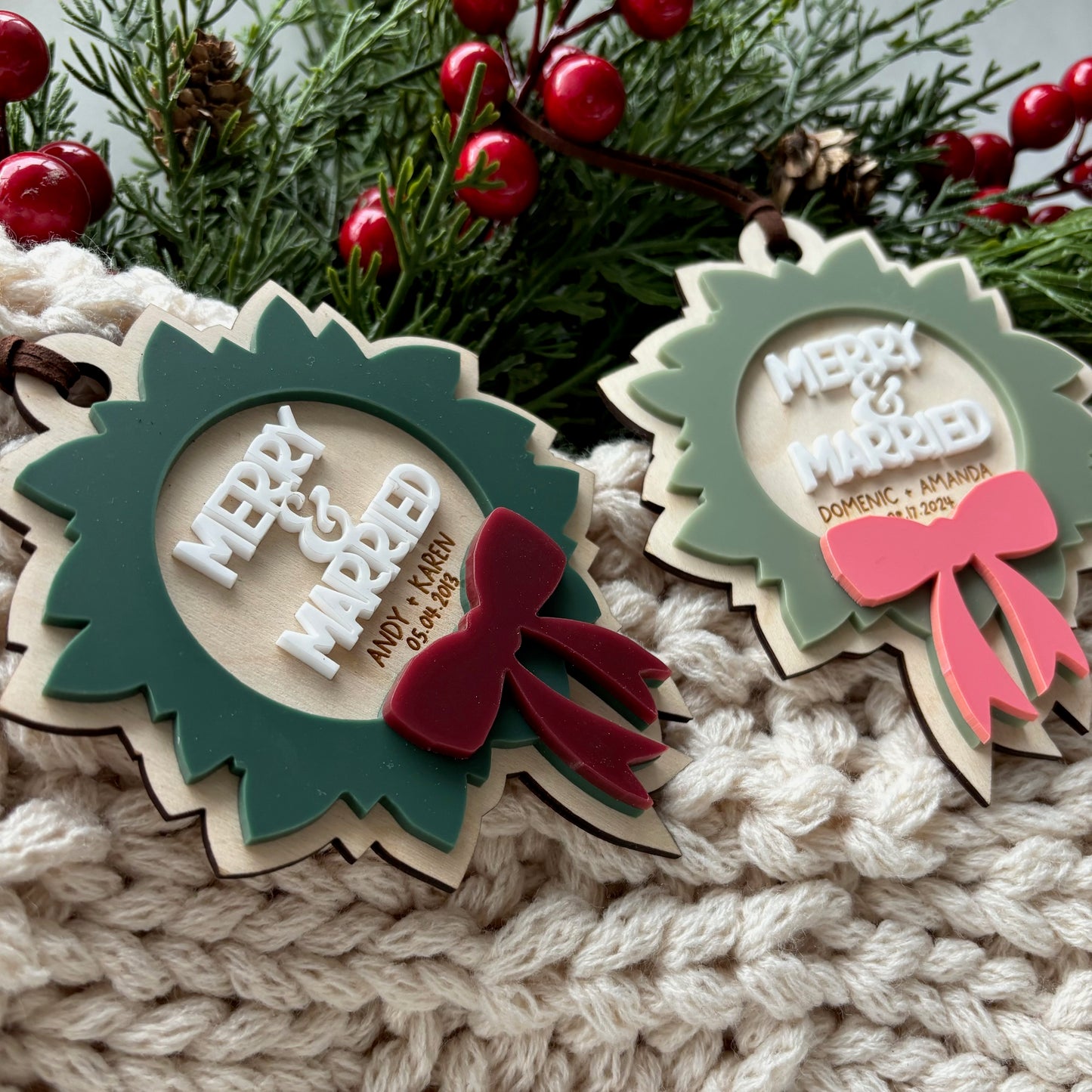 Merry + Married Christmas Wreath Ornament